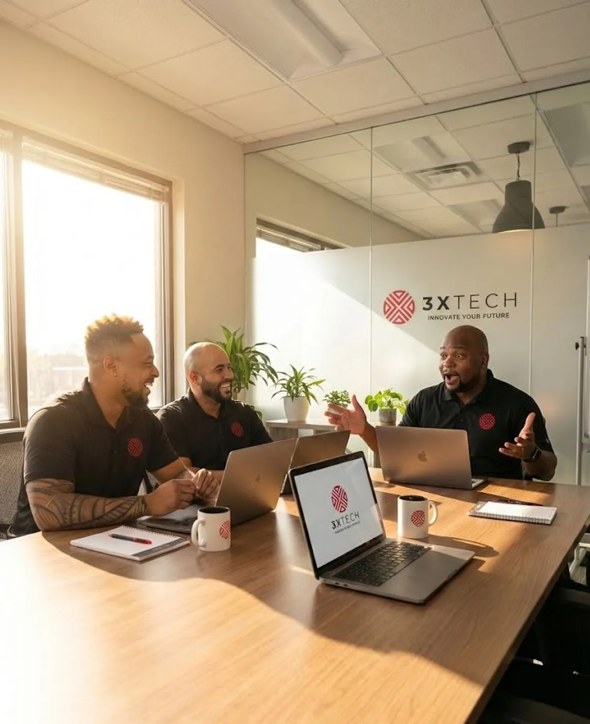 3X Tech founders in a collaborative meeting — Marques, Johnny, and Francis at the table with 3XTECH branding